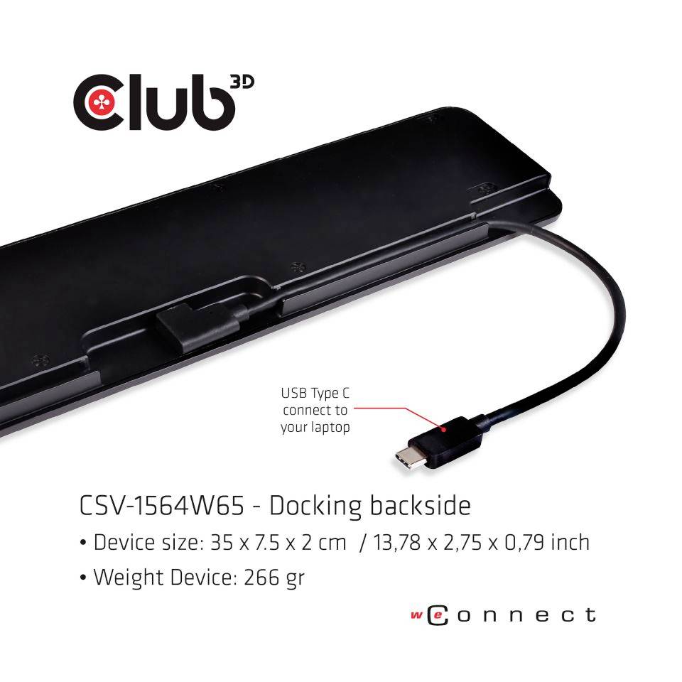 Eine schwarze USB-Dockingstation mit USB-C-Kabel. Beschriftung: 'CSV-1564W65 - Docking backside'. Größe und Gewicht angegeben.