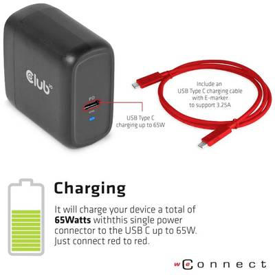 'Schwarzer USB-C-Ladegerät neben rotem USB-C-Kabel. Ladegerät unterstützt bis zu 65 Watt. Grafik zeigt Ladevorgang mit grünem Batteriesymbol.'