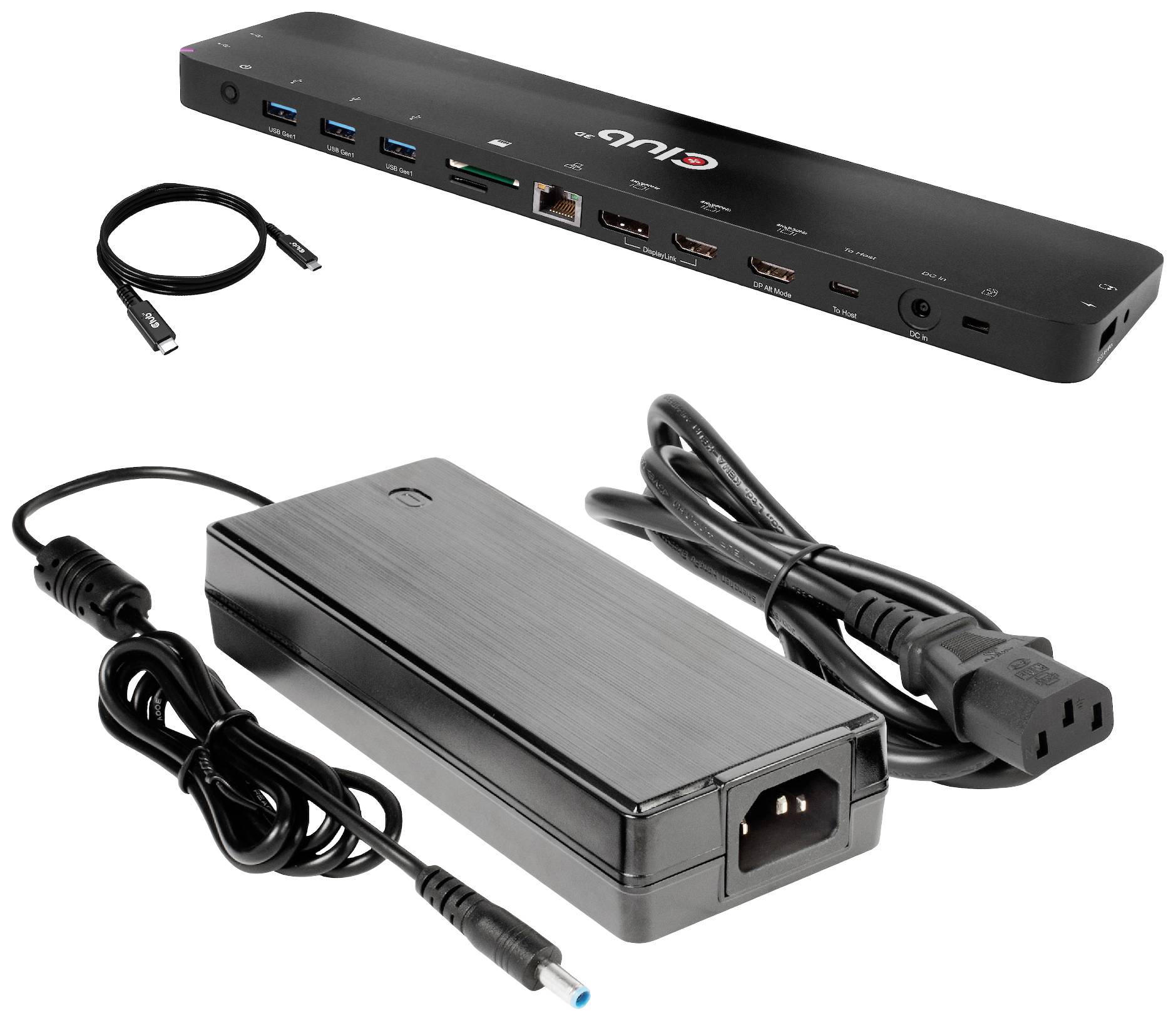 USB-C-Dockingstation mit mehreren Anschlüssen, darunter USB, HDMI, Ethernet. Enthält ein Netzteil und Kabel. Ideal für Anschluss vieler Geräte an einen Laptop.