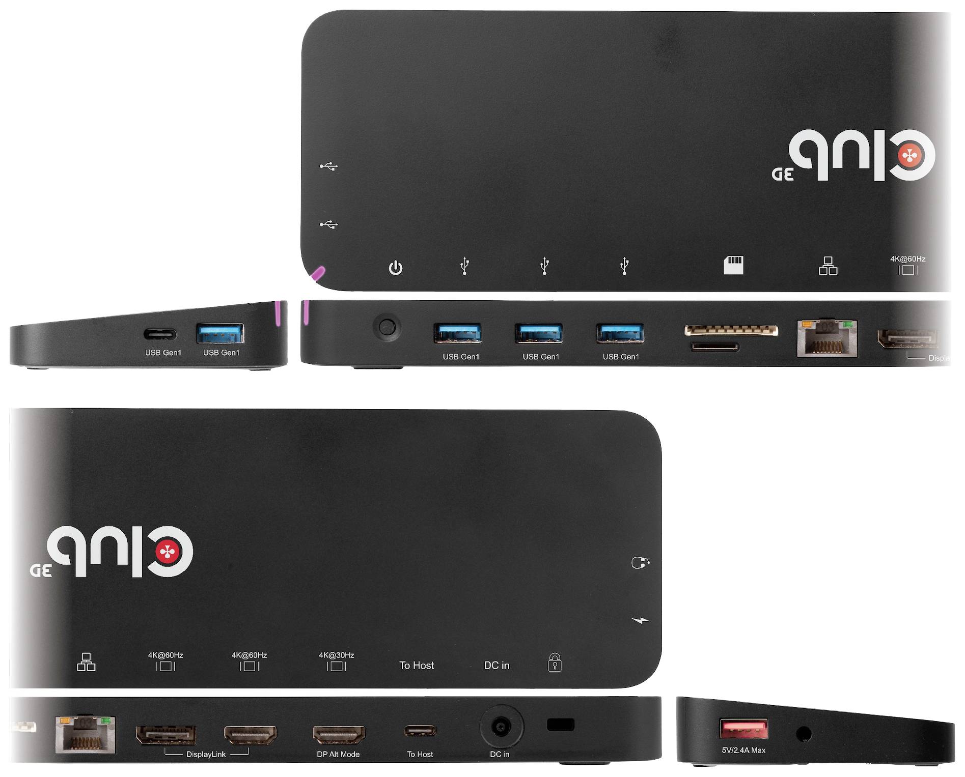 Ein schwarzes Computer-Dockinggerät mit mehreren USB-Anschlüssen, Ethernet, HDMI und Stromanschluss.