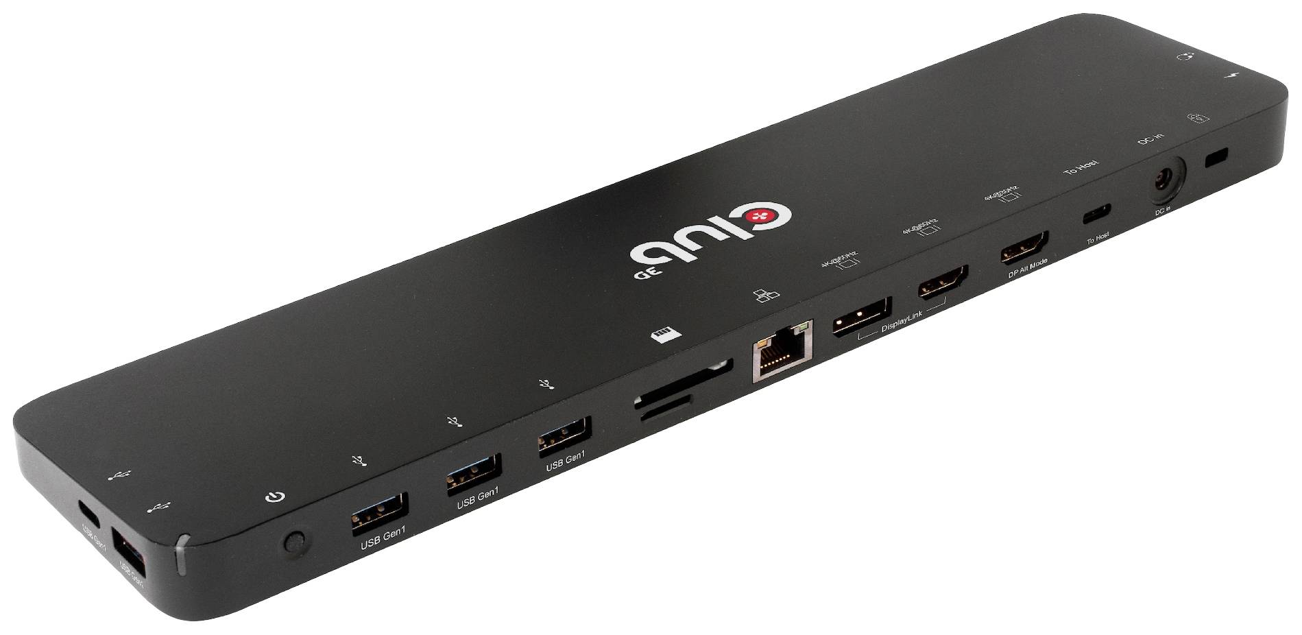 Eine schwarze Dockingstation mit mehreren Anschlüssen, darunter USB, HDMI, Ethernet und Audio. Sie ist für die Erweiterung von Laptop-Anschlüssen gedacht.