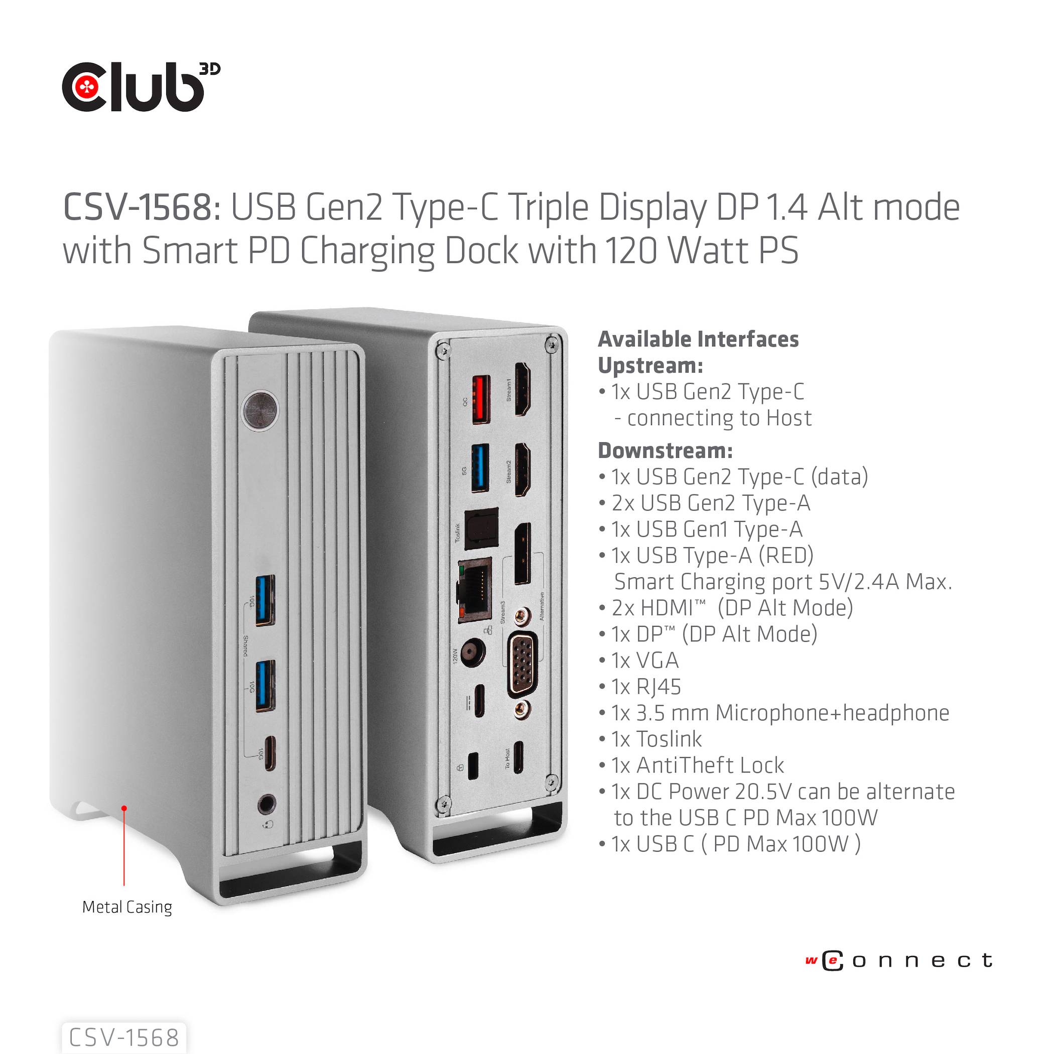 'CSV-1568: USB Gen2 Type-C Dock mit 120W. Verfügbare Anschlüsse: 1x USB Gen2 Type-C, 4x USB-A 3.2, 2x HDMI, 1x Ethernet, 1x Audio, 1x DP 1.4.'