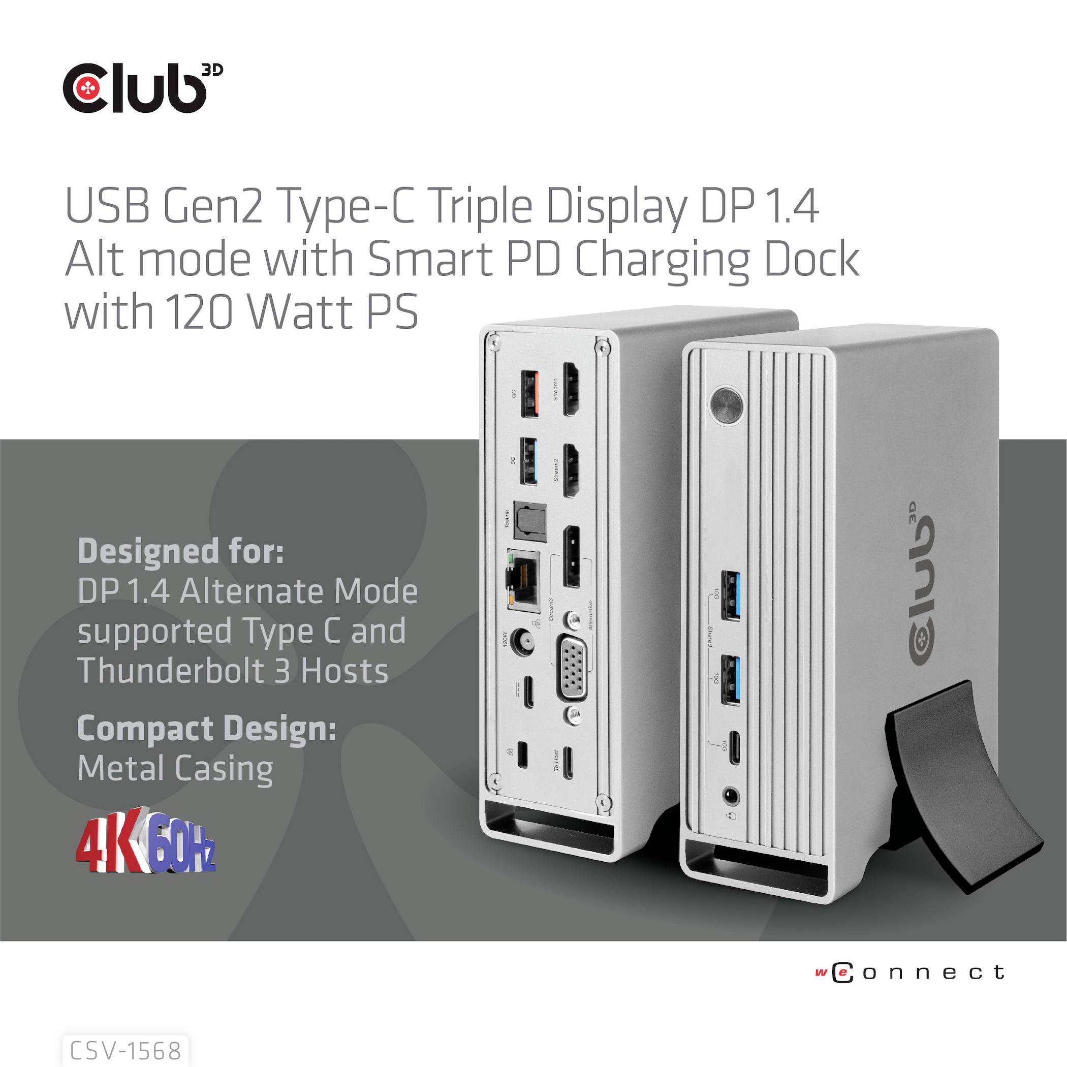 'USB Gen2 Type-C Triple Display Docking Station' mit dreifachem Display, Smart PD Ladedock, 120W Strom. Metallgehäuse, 4K 60Hz Unterstützung. Designed für DP 1.4 Alt Modus, Thunderbolt 3 Hosts.