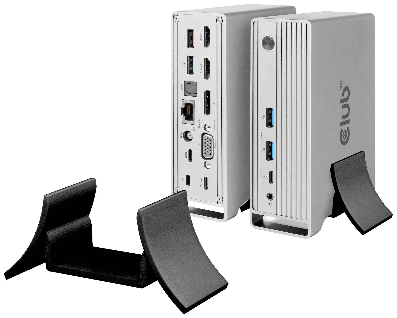 Ein silbernes Computer-Docking-Station mit mehreren Anschlüssen für USB, Ethernet, HDMI und VGA. Das Gerät steht auf schwarzen Halterungen.