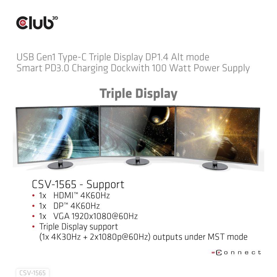 'Club 3D USB Gen1 Triple Display Dock' zeigt drei Monitore mit Weltraum-Bildern, unterstützt HDMI, DP, VGA und liefert 100 Watt.