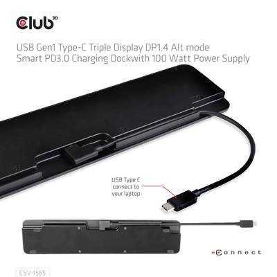 Langes schwarzes USB-C-Dock, verbindet Laptop mit mehreren Displays und Stromversorgung. Enthält Kabel mit USB-C-Anschluss.