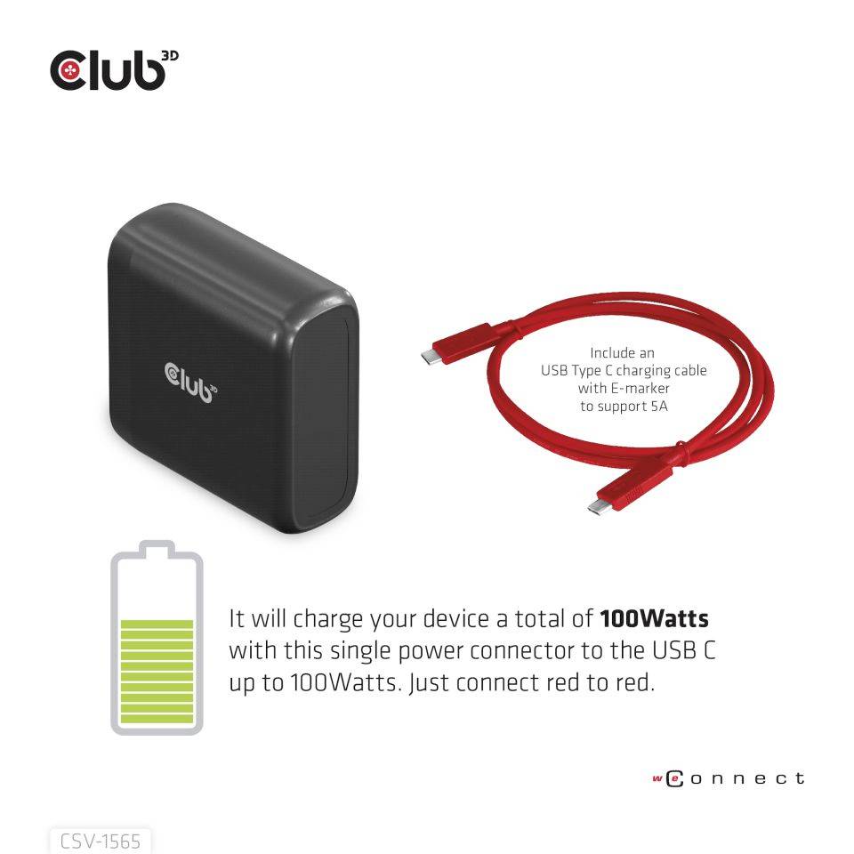 Schwarzes USB-C-Ladegerät von Club mit rotem Kabel. Text: 'Es lädt Ihr Gerät mit insgesamt 100 Watt auf. Benutze den mitgelieferten Stecker.'