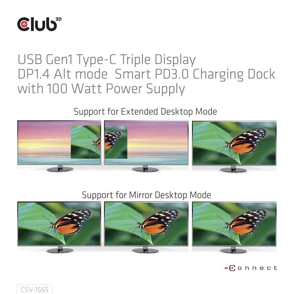 'USB Gen1 Type-C Triple Display DP1.4 Alt mode Smart PD3.0 Charging Dock mit 100 Watt Netzteil', zeigt Unterschiede im Anzeige-Modus.