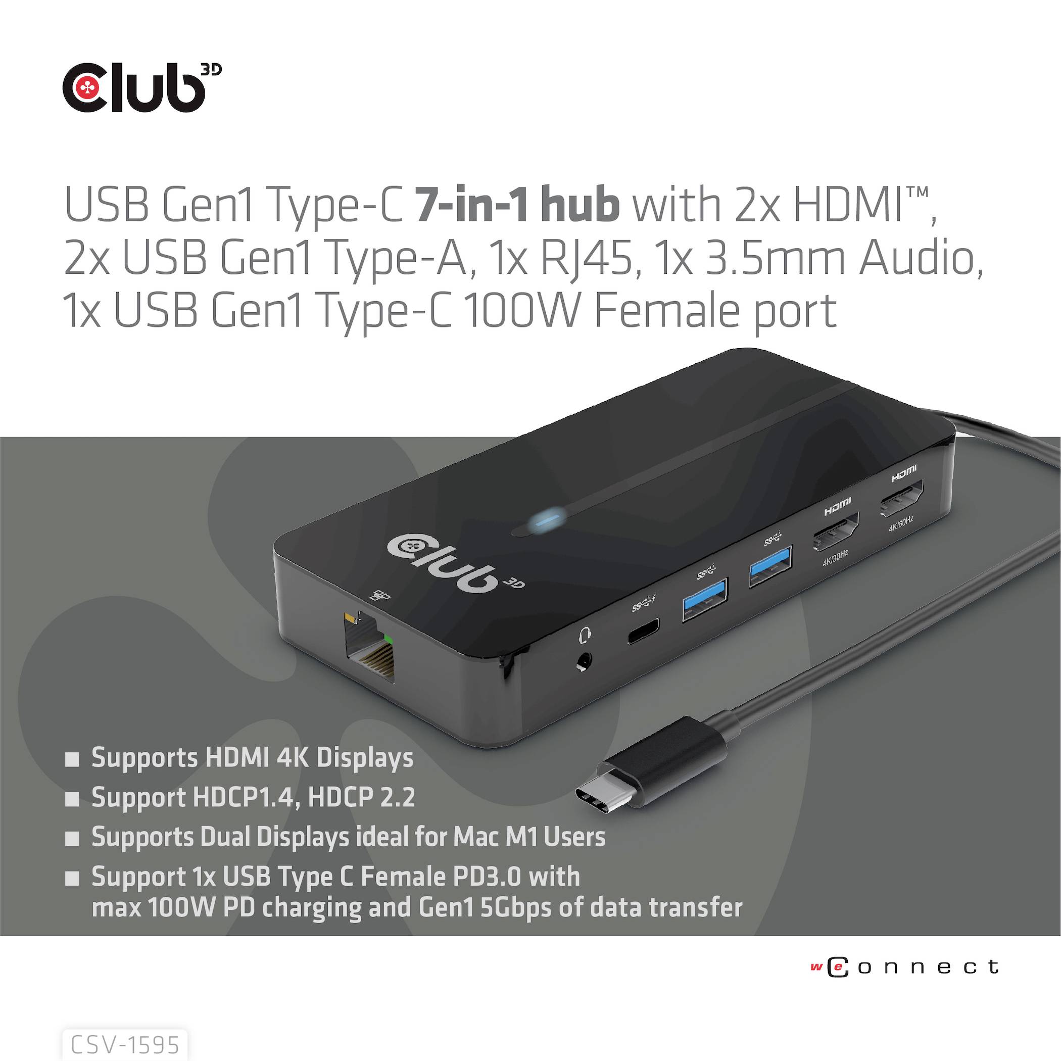 'USB Gen1 Type-C 7-in-1 Hub mit 2x HDMI, 2x USB Gen1 Type-A, 1x RJ45, 3.5mm Audio, 1x USB Gen1 Type-C 100W Female Port. Unterstützt HDMI 4K Displays.'