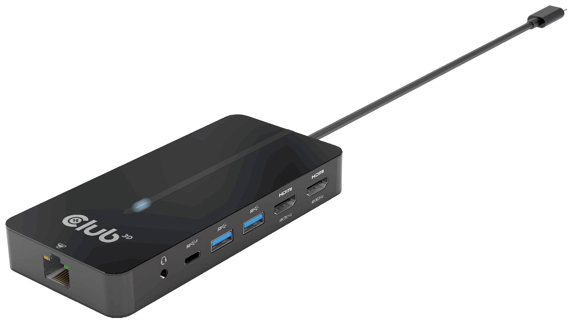 Ein schwarzer USB-C-Hub mit verschiedenen Anschlüssen, darunter Ethernet, HDMI, USB-A und USB-C, sowie ein integriertes Kabel.