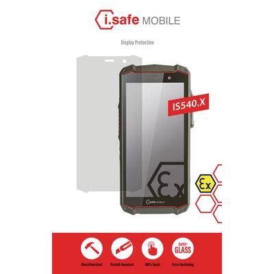 Ein robustes Smartphone-Modell 'IS540.X' von i.safe MOBILE, beworben mit Eigenschaften wie stoßfest, kratzfest und volle Touch-Funktion.