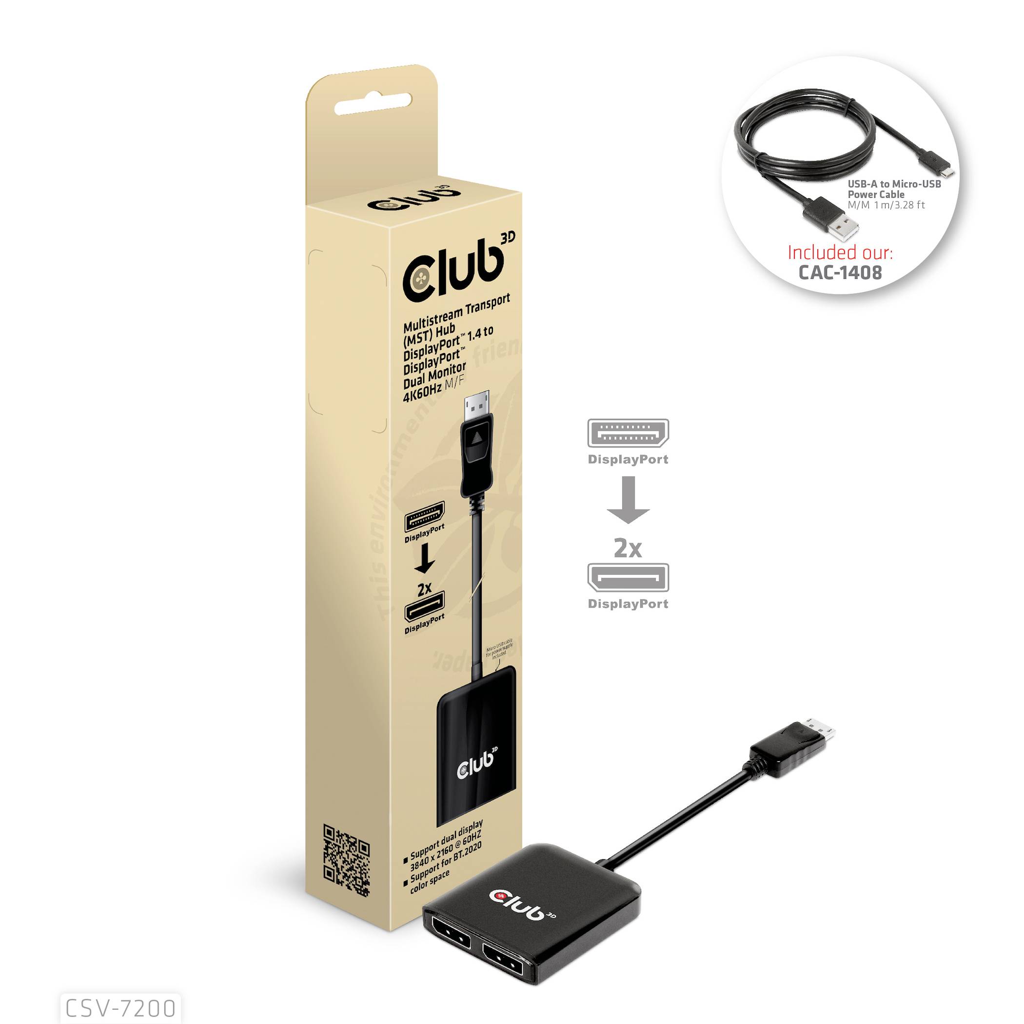 'Club 3D' Verpackung und Produkt: USB-C zu Dual DisplayPort Adapter mit 4K Unterstützung, beiliegendes USB-A auf Micro-USB Kabel.
