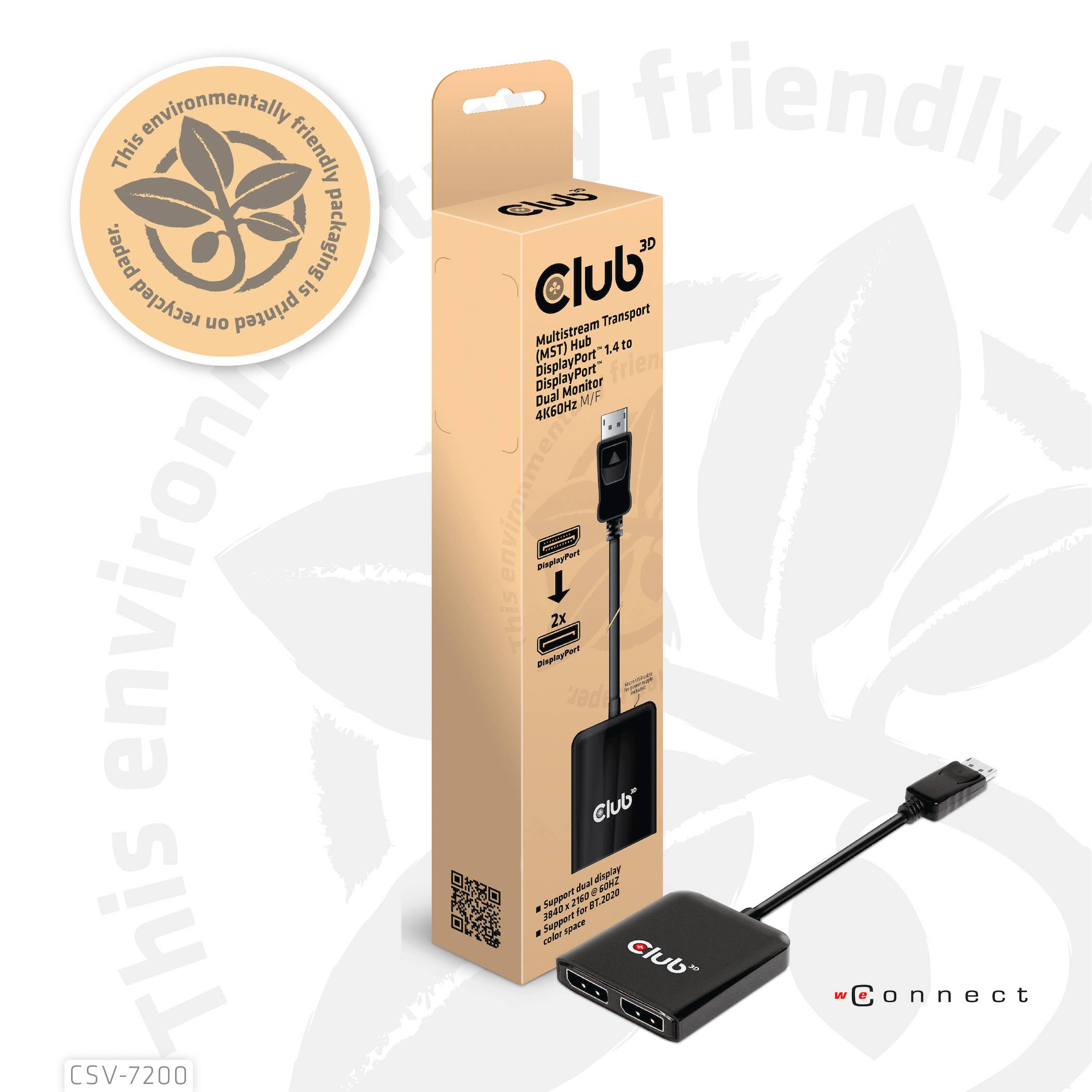 Verpackung und Adapter von Club 3D: 'Multi-Stream Transport Hub DisplayPort 1.4'. Ermöglicht Anschluss von zwei Displays an einem Port.