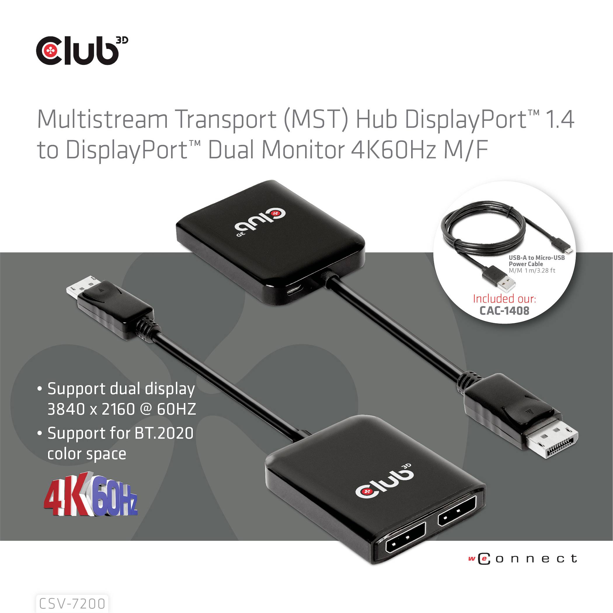 'Multistream Transport (MST) Hub DisplayPort 1.4 zu DisplayPort Dual Monitor 4K60Hz M/F.' Bild von schwarzem Hub und Anschlüssen.