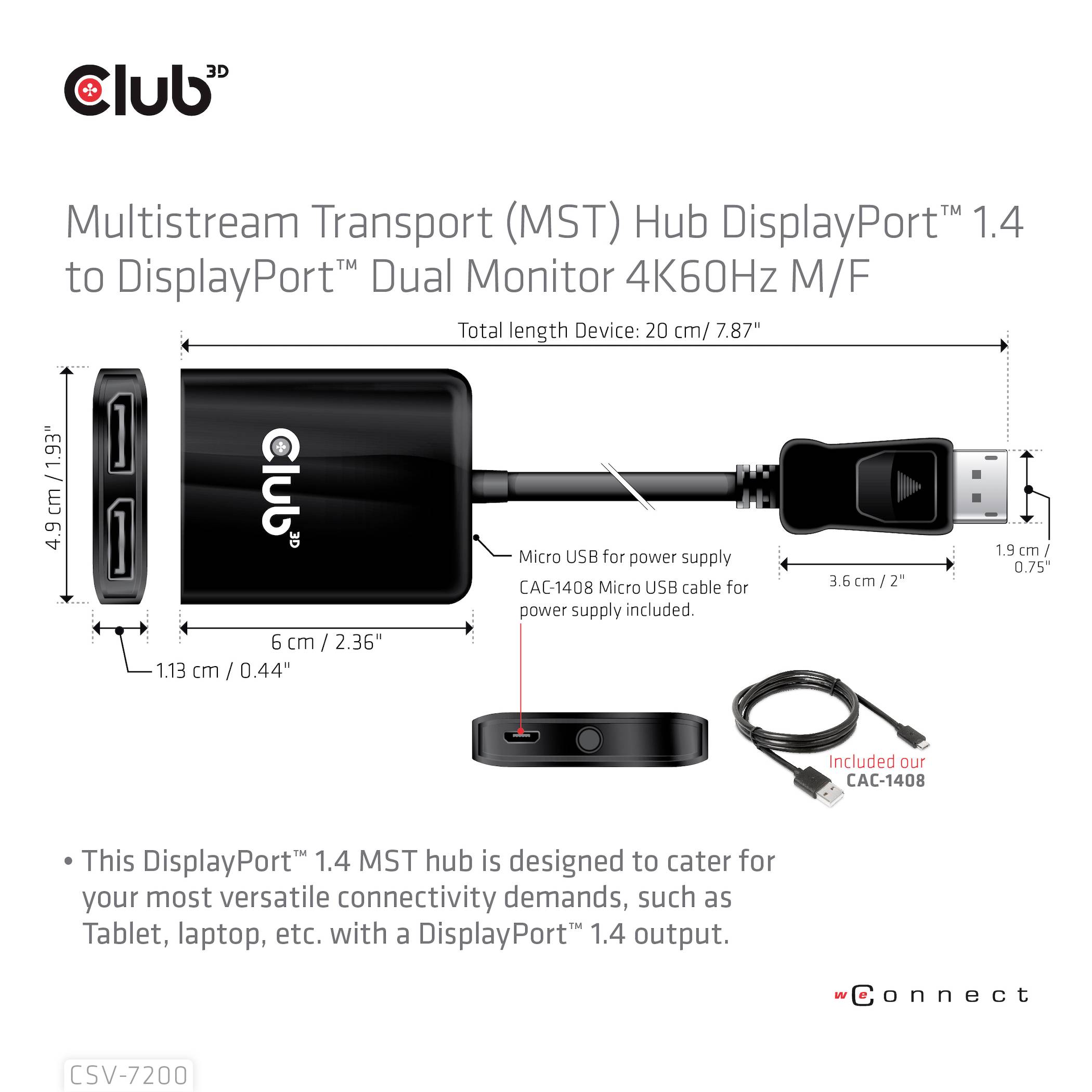 'Multistream Transport (MST) Hub DisplayPort 1.4 zu DisplayPort Dual Monitor 4K60Hz M/F Adapter. Kabellänge: 20 cm. USB-Kabel im Lieferumfang.'