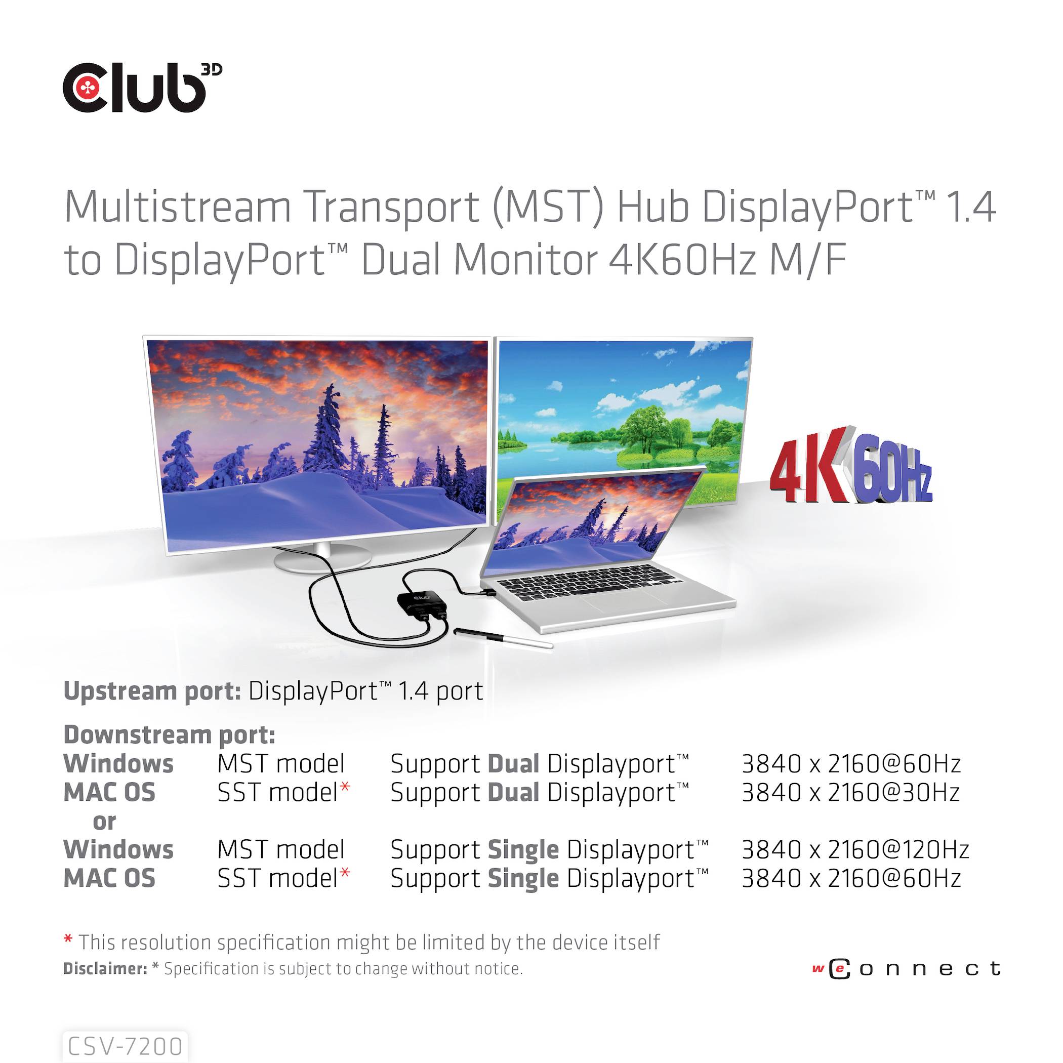 'Club 3D Multistream Transport (MST) Hub DisplayPort 1.4 zu DisplayPort Dual Monitor 4K60Hz M/F. Unterstützt Dual Displayport und Single Displayport mit maximalen Auflösungen von 3840 x 2160.'