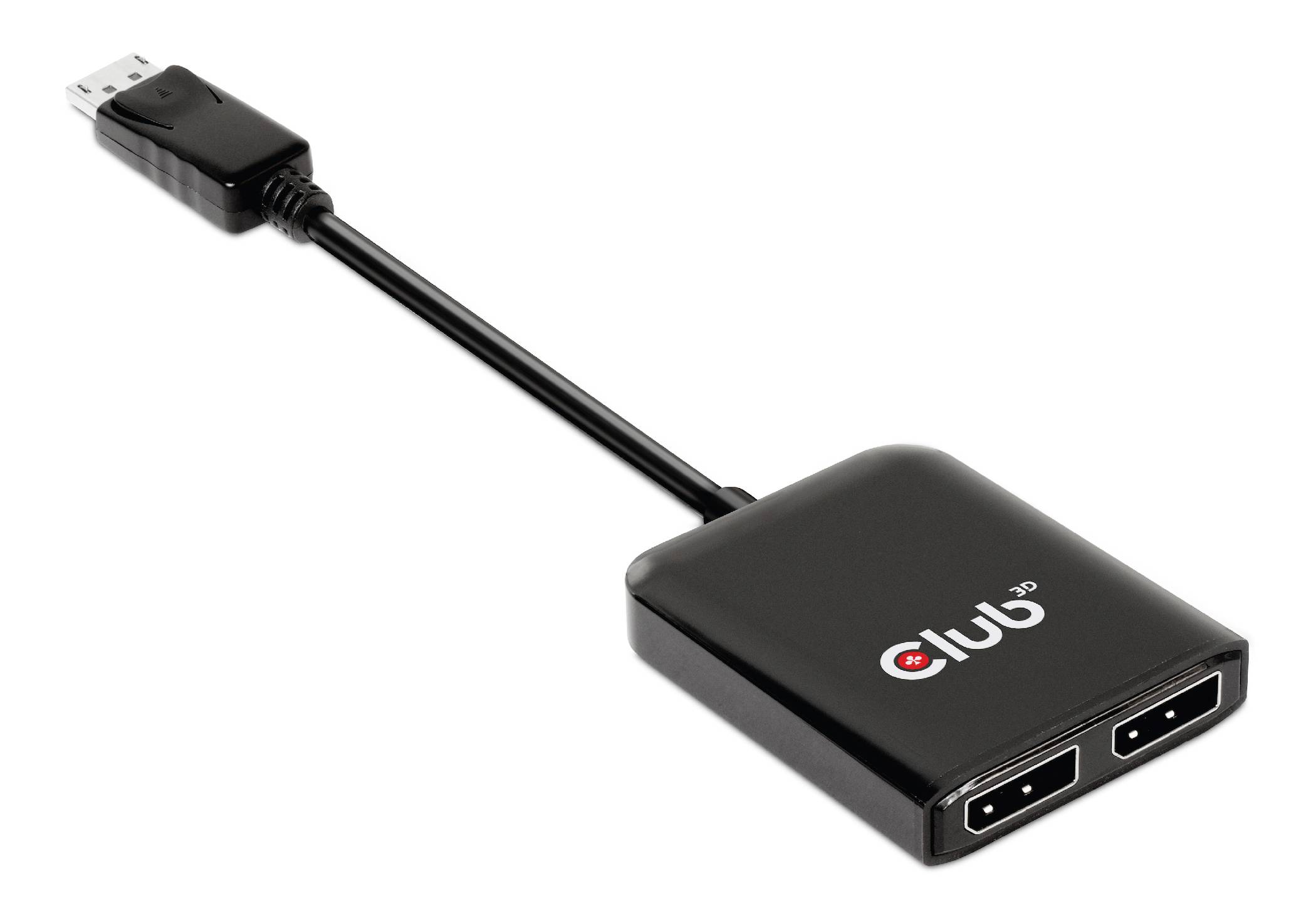 Ein schwarzer HDMI-Adapter mit zwei Ausgängen und einem USB-Anschluss. Auf dem Adapter ist das Logo einer Marke zu sehen.