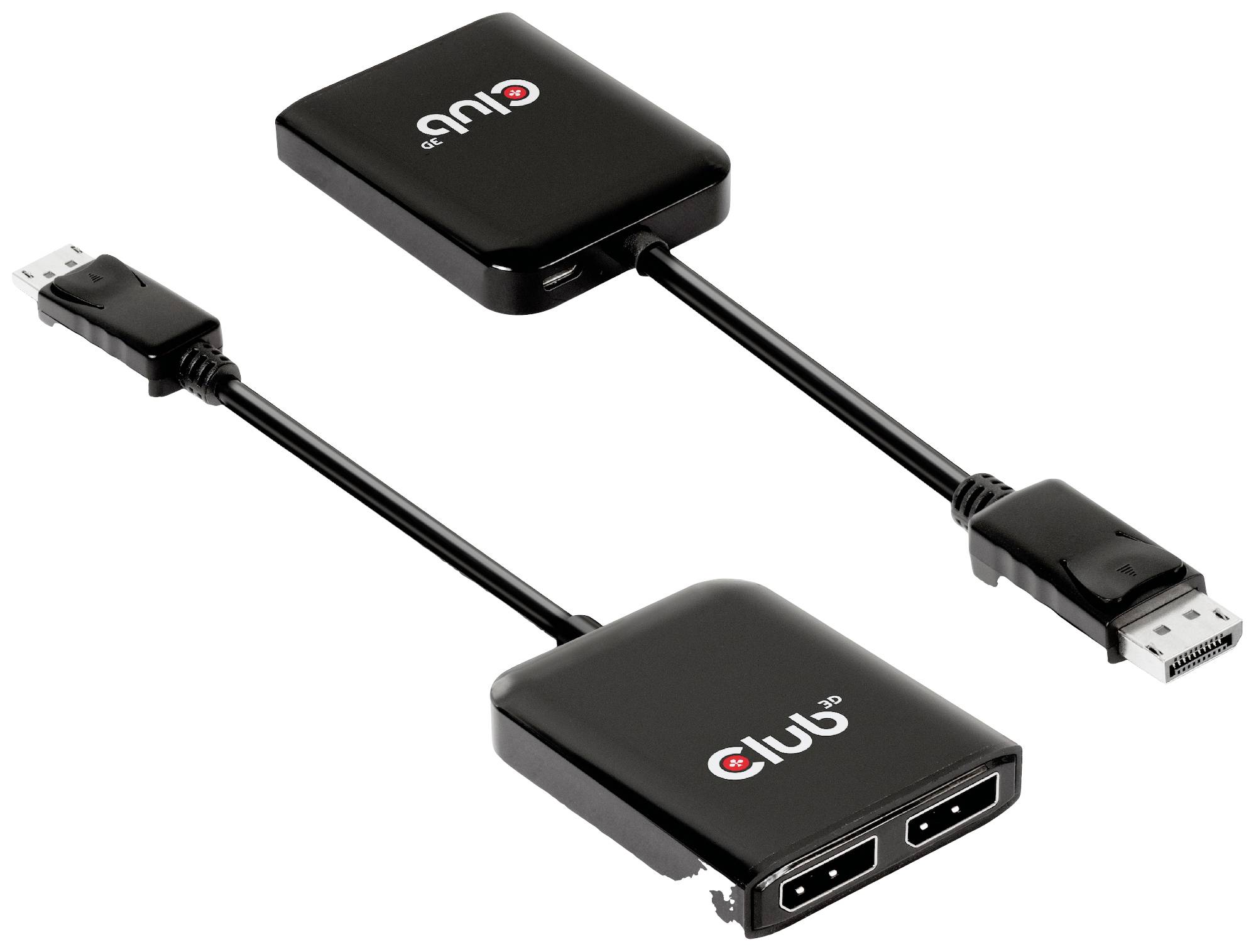 Zwei schwarze Adapter mit dem Logo 'Club 3D'. Einer hat zwei HDMI-Anschlüsse, der andere einen Mini-DisplayPort und ein HDMI.