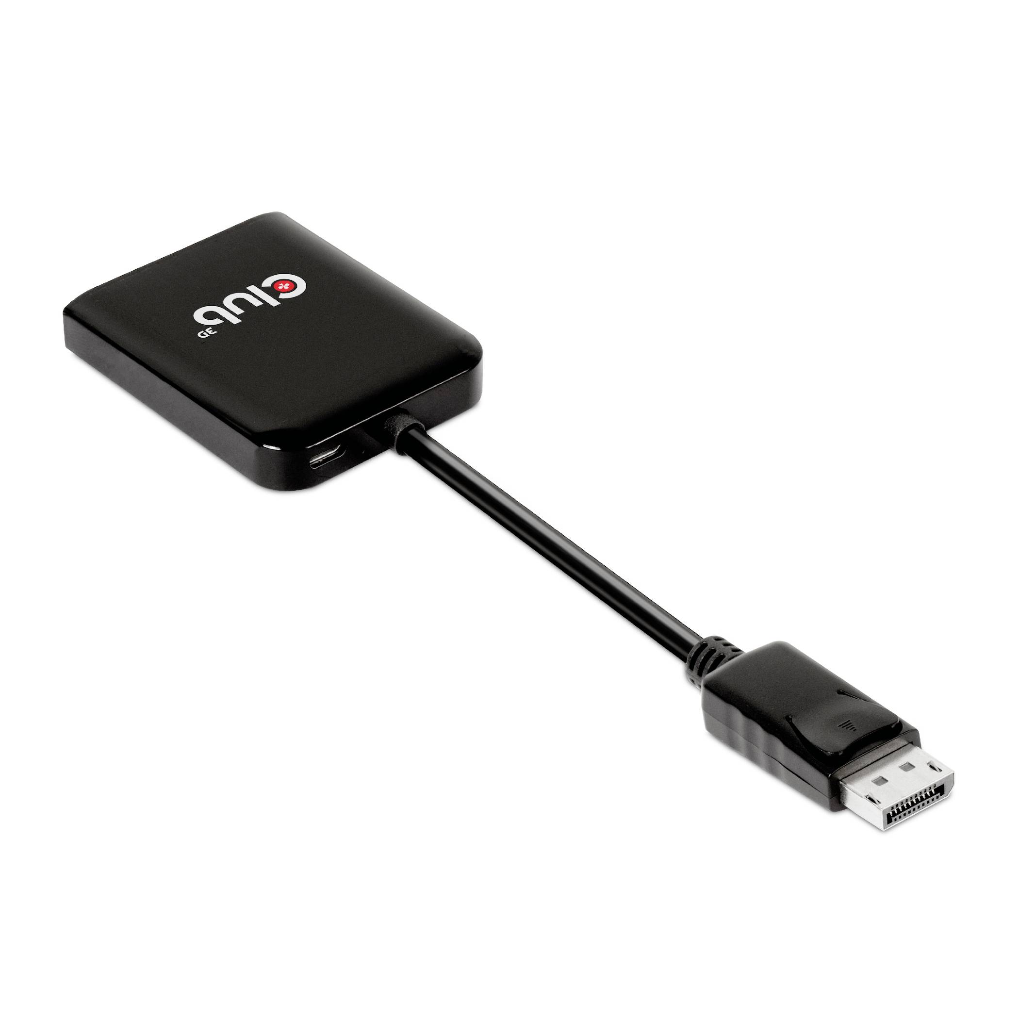 Ein schwarzer Adapter von USB-C zu DisplayPort, geeignet für das Übertragen von Videosignalen von Computern zu Monitoren.