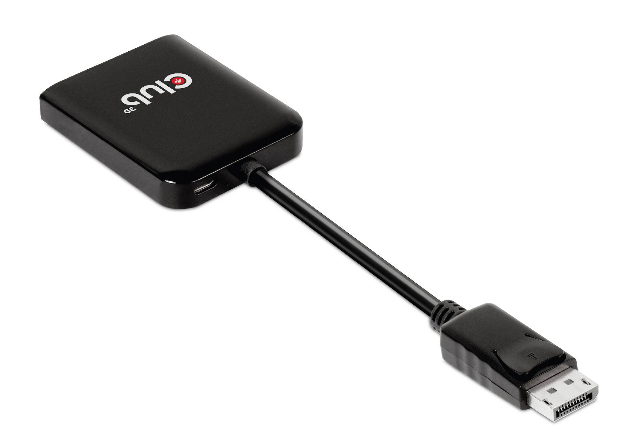 Ein schwarzer Adapter mit einem USB-C-Anschluss auf der einen Seite und einem DisplayPort-Anschluss auf der anderen Seite.