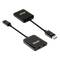 Zwei schwarze Adapter mit Kabel: Einer hat einen DisplayPort-Anschluss, der andere einen Mini-DisplayPort. Beide Adapter haben HDMI-Ausgänge.