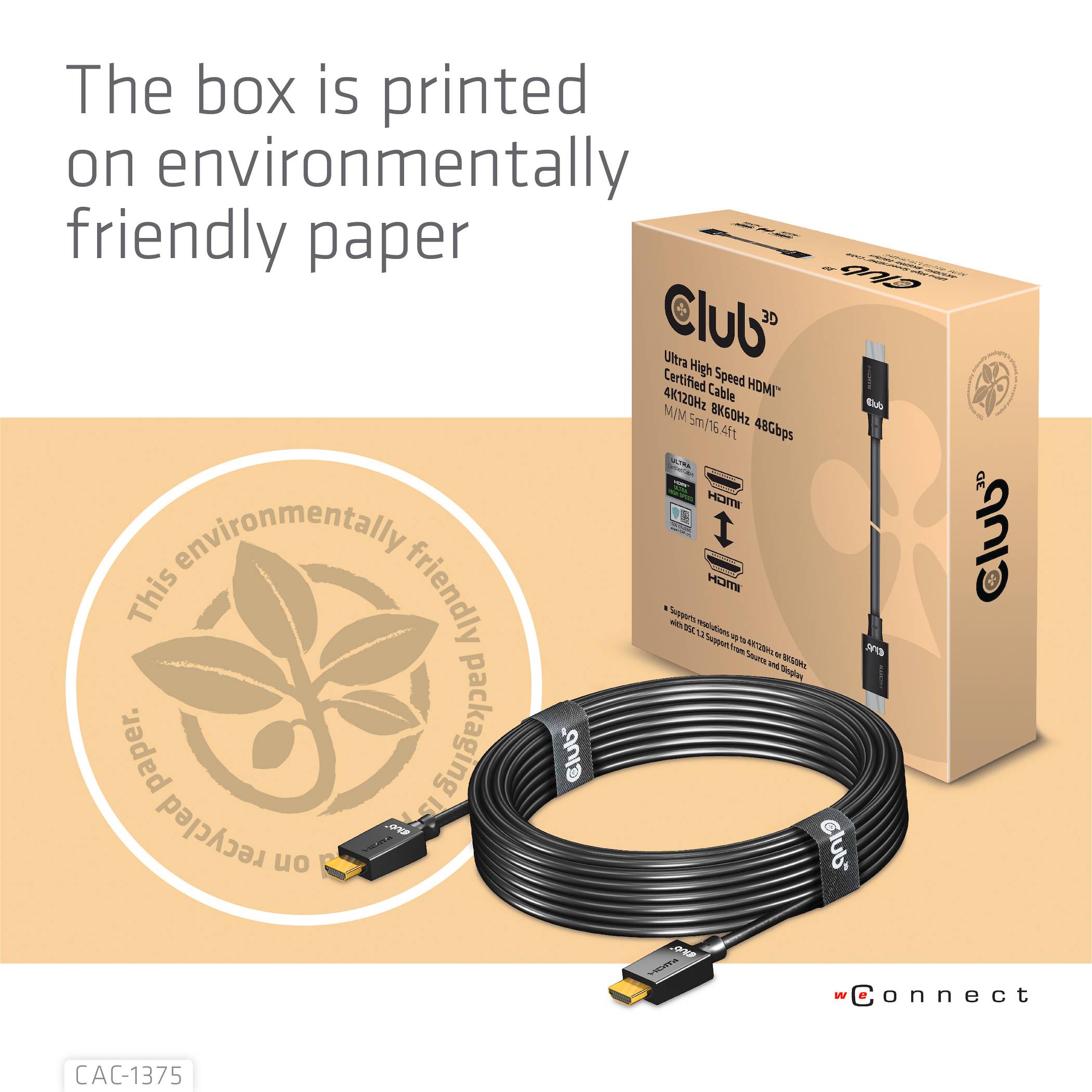 'Club 3D HDMI-Kabel' mit Verpackung aus umweltfreundlichem Papier. Text: 'The box is printed on environmentally friendly paper'.