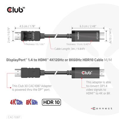 'Club 3D' DisplayPort 1.4 auf HDMI 4K120Hz oder 8K60Hz HDR10 Kabel, Adapter zur Umwandlung von DP1.4-Video auf HDMI bis zu 4K oder 8K.
