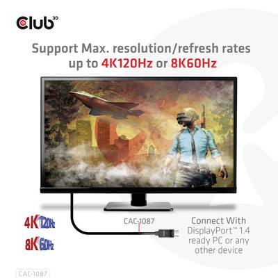 Ein Monitor mit einem Mann und einer Rakete auf dem Bildschirm. Text: 'Unterstützt max. Auflösung/Aktualisierungsrate bis zu 4K120Hz oder 8K60Hz'.