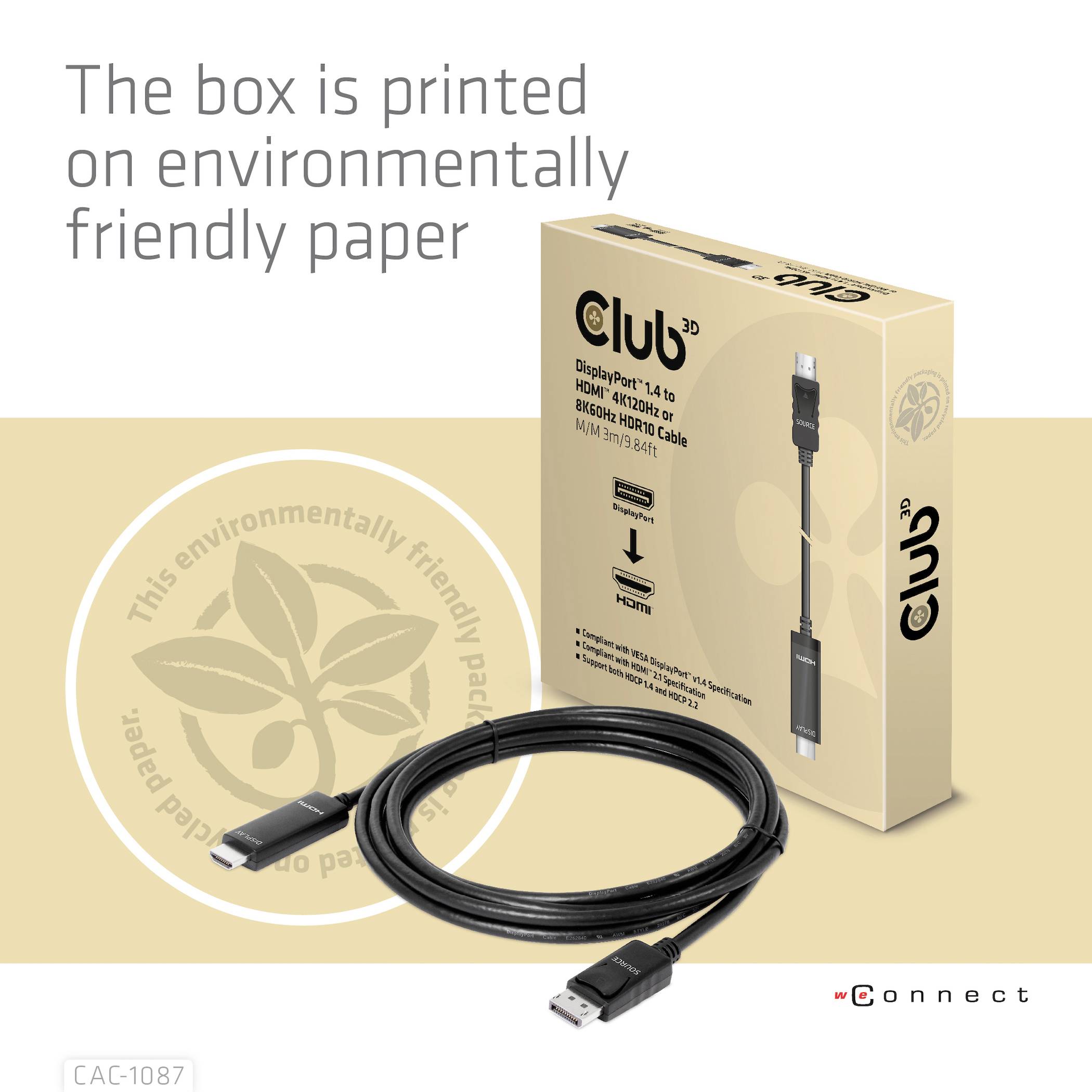 Verpackung eines DisplayPort 1.4 HBR3 Kabels aus umweltfreundlichem Papier, mit einem Kabel im Vordergrund.