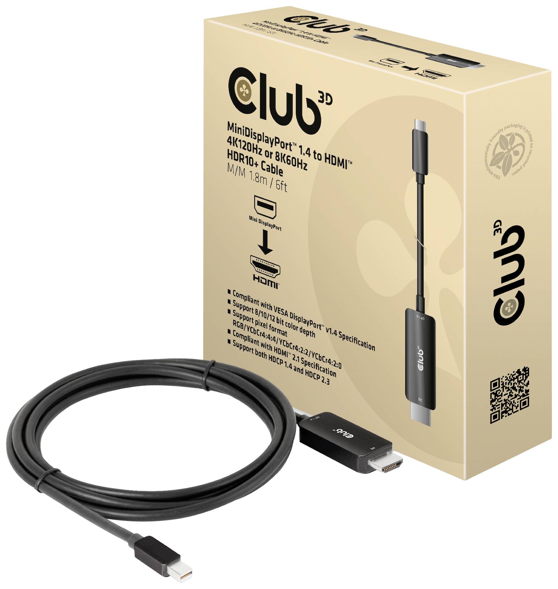 club3D Mini-DisplayPort / HDMI Anschlusskabel Mini DisplayPort Stecker, HDMI-A Stecker 1.80 m Schwarz CAC-1187 DisplayPo...