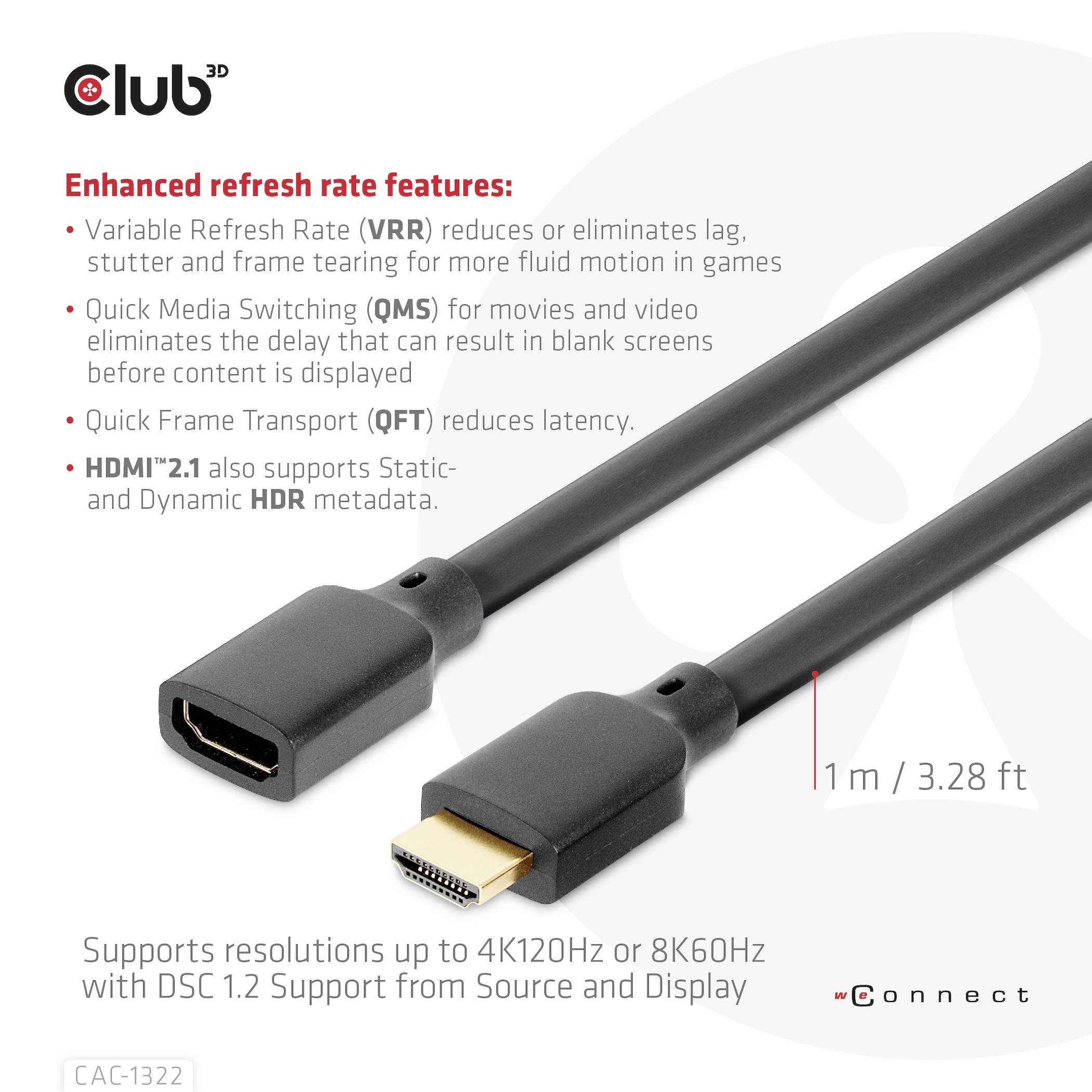 Der Bild zeigt ein 3D-HDMI-Kabel mit Textbeschreibung, die verbesserte Bildwiederholrate, Unterstützung für 4K120Hz/8K60Hz und dynamische HDR hebt.