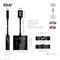 'Club 3D HDMI 2-in-1 Umschalter' zeigt HDMI-Stecker, Umschalter mit zwei HDMI-Buchsen und Details zu Auflösung und Frequenz.