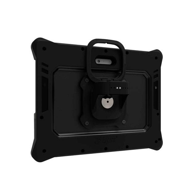 Ein robustes Tablet in einer stabilen Halterung mit integriertem Schloss. Ideal für sichere mobile Anwendungen und Schutz vor Diebstahl.