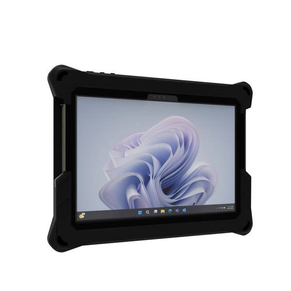 Ein robustes Tablet mit schwarzem Schutzgehäuse, das einen Bildschirm mit einem abstrakten, gewellten Muster anzeigt.