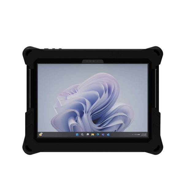 Ein robustes Tablet mit schwarzer Schutzhülle zeigt einen abstrakten, blauen Hintergrund auf dem Bildschirm.