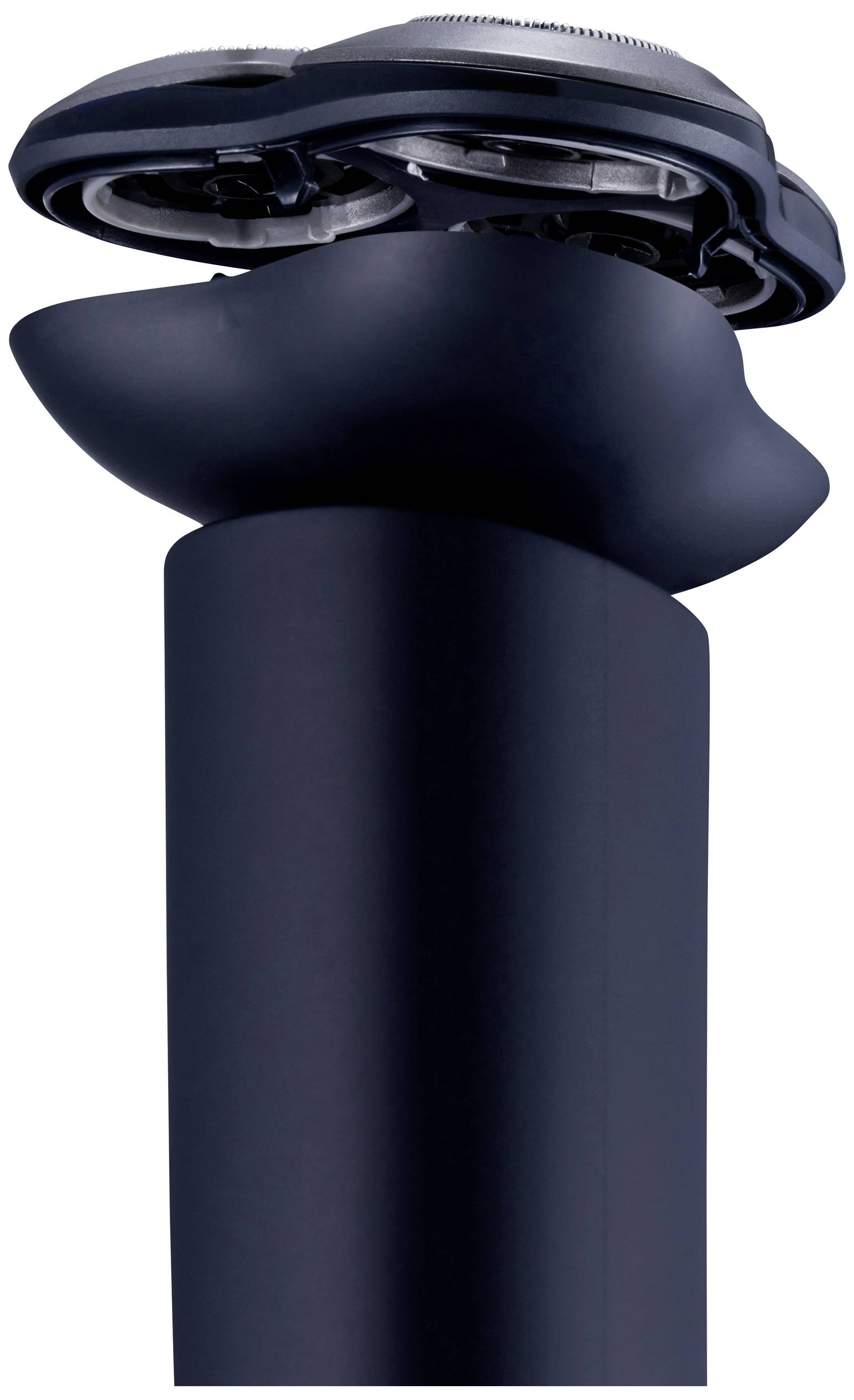 Elektrischer Rasierer mit drei rotierenden Klingen auf schwarzem Griff, geeignet für eine saubere und präzise Rasur.