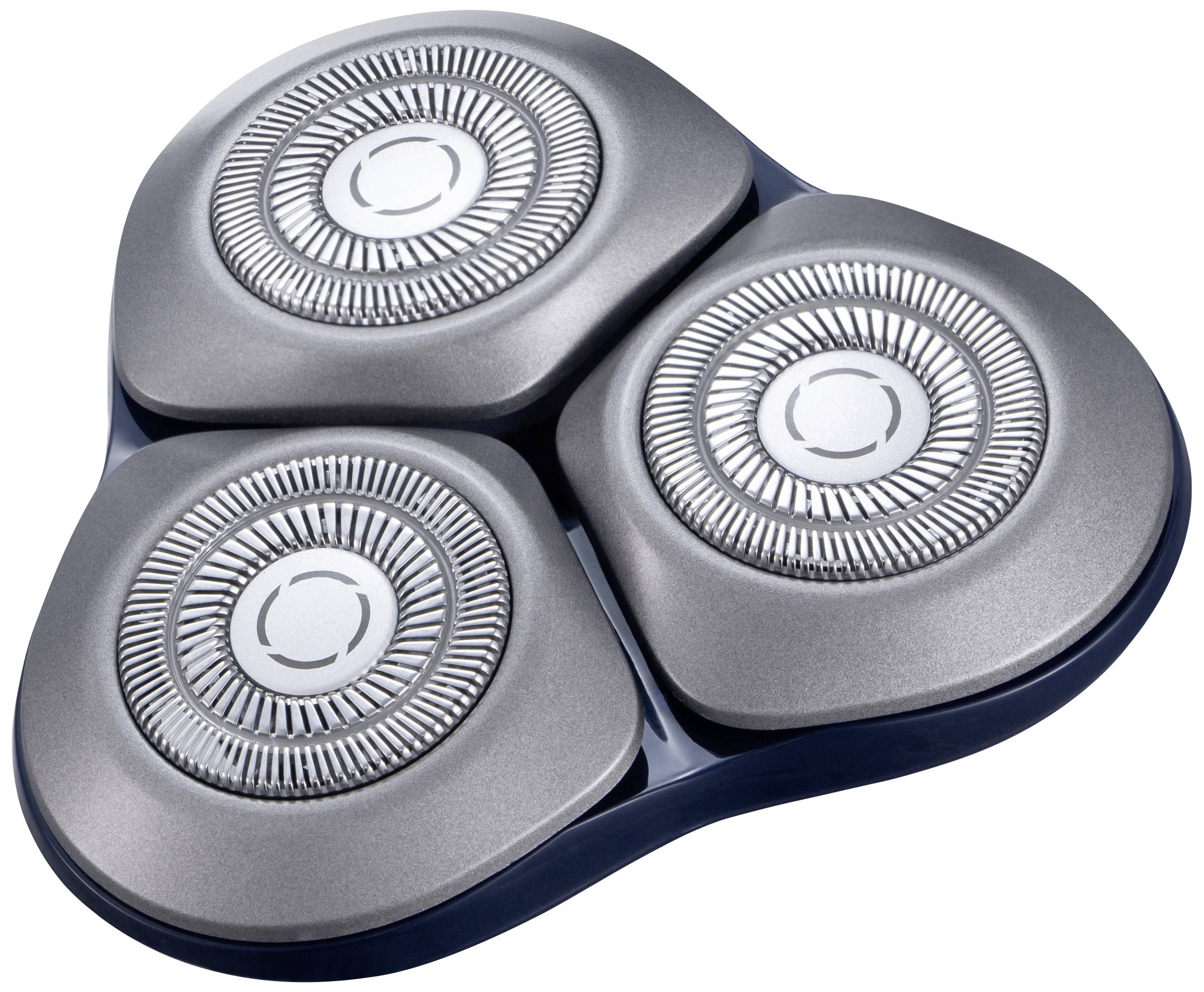 Elektrischer Rasiererkopf mit drei rotierenden Klingen, die für eine sanfte und gründliche Rasur sorgen.