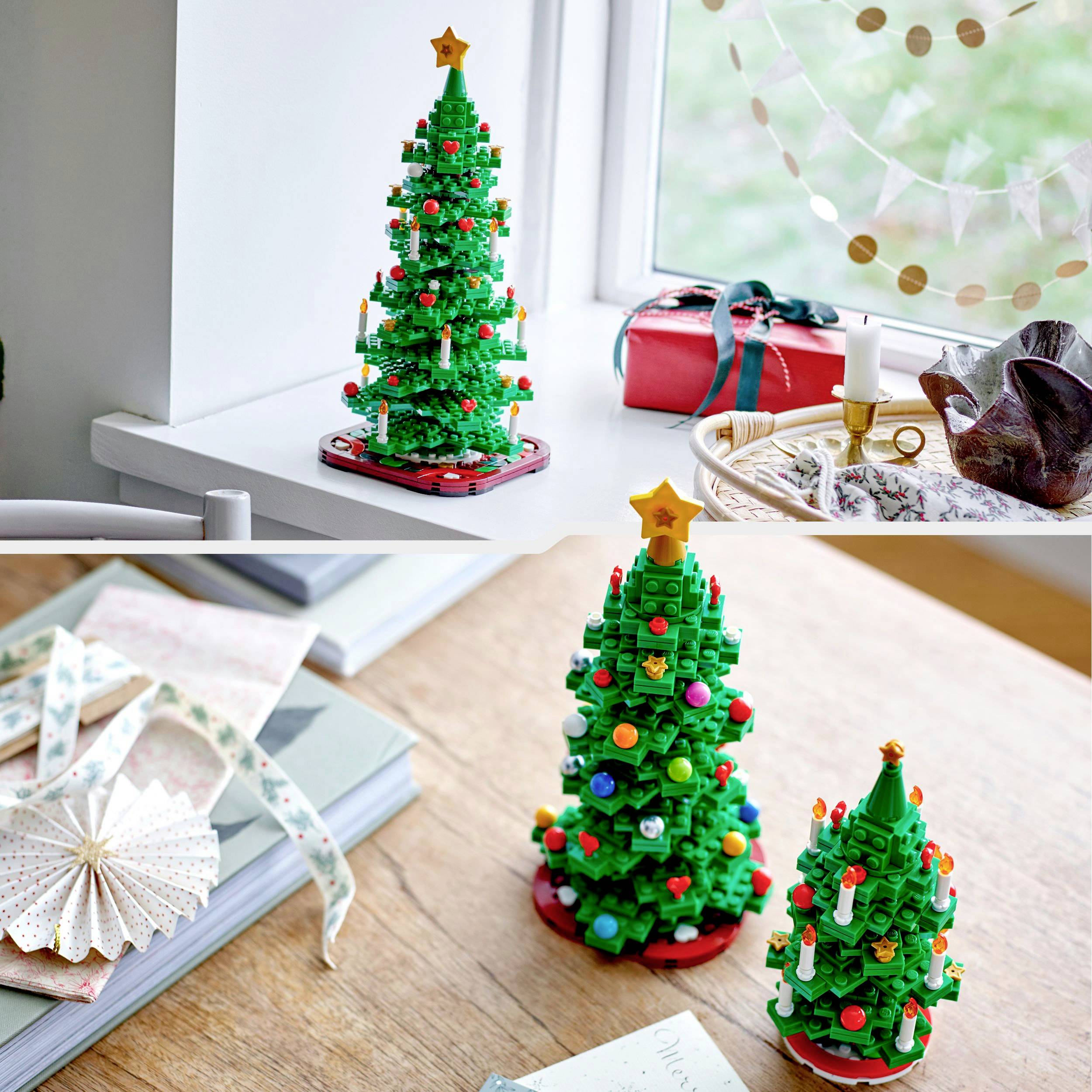 Ein künstlicher Weihnachtsbaum aus Legosteinen, dekoriert mit bunten Bausteinen und einem gelben Stern an der Spitze, steht auf einem Tisch.