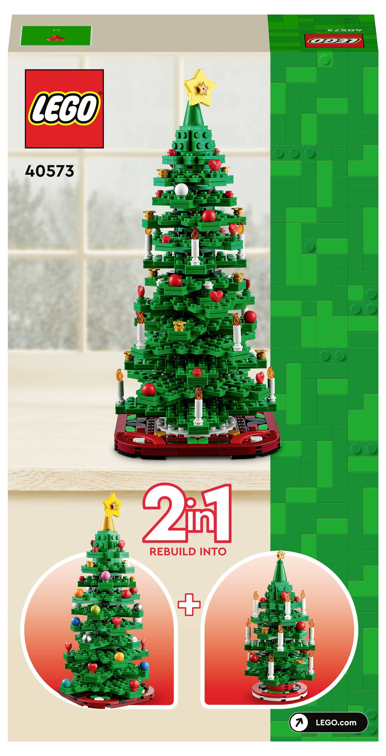 Ein LEGO-Set mit einem weihnachtlichen Tannenbaum, Modellnummer 40573. Zwei Aufbaumöglichkeiten sind verfügbar.