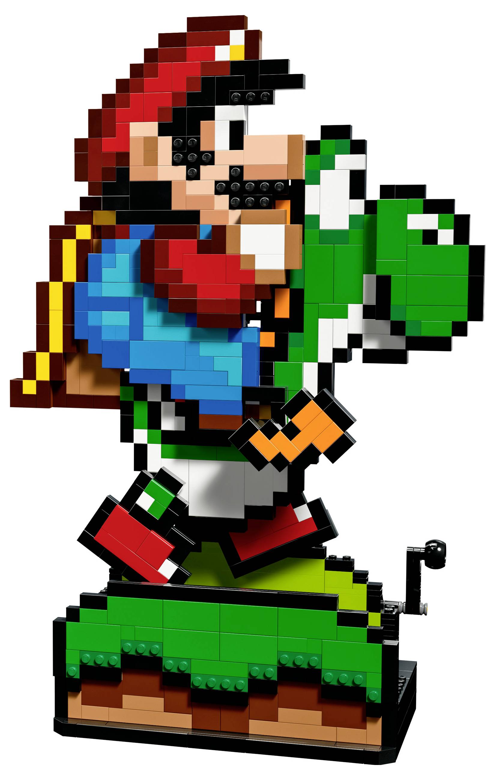 Ein Pixel-Art-Charakter, der aus LEGO-Steinen zusammengebaut ist, zeigt eine Figur mit rotem Hut und blauen Overalls, die auf einem grünen Sockel steht.