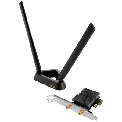 Eine ASUS WLAN-Adapterkarte mit zwei langen schwarzen Antennen, die drahtlose Konnektivität für Computer bietet.