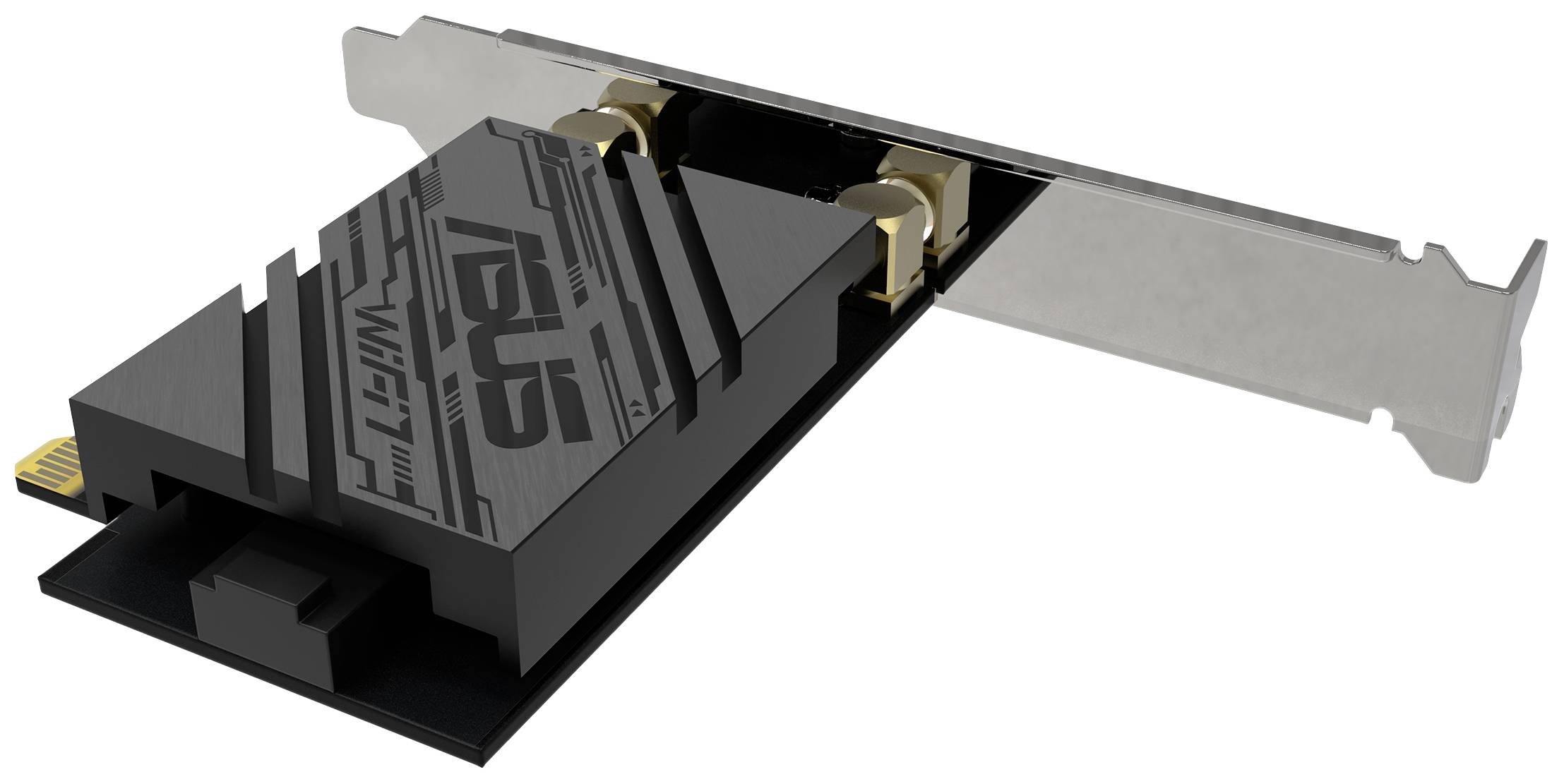 Eine schwarze PCIe-Netzwerkkarte mit Kühler, Trägerplatte und zwei Antennenanschlüssen für Computer-Netzwerkverbindungen.