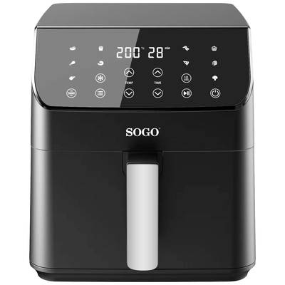 Eine schwarze Heißluftfritteuse mit digitalem Touchdisplay, zeigt eine Temperatur von 200 Grad und 28 Minuten Restzeit an.