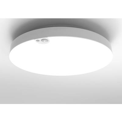 Runde LED-Deckenleuchte mit Bewegungssensor an der Decke. Die Oberfläche leuchtet hellweiß, geeignet für moderne Räume.