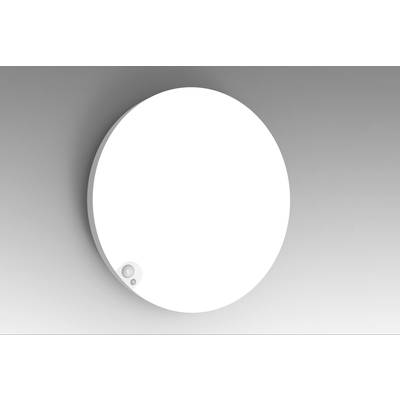 Ein weißer, runder Rauchmelder an einer grauen Decke. Er hat unten links einen kleinen Sensor und eine LED-Anzeige.