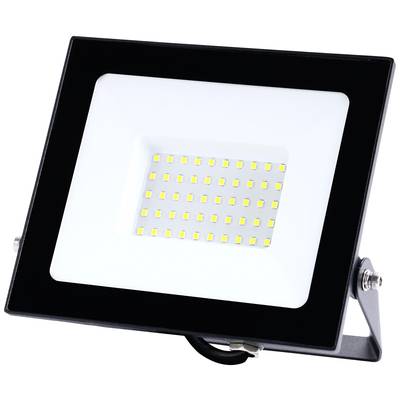 Ein rechteckiger LED-Strahler mit schwarzem Rahmen und vielen leuchtenden kleinen LED-Punkten im Inneren.