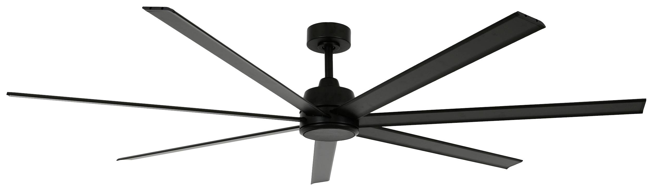 Großer schwarzer Deckenventilator mit acht langen, schlanken Flügeln in einer modernen, schlichten Ausführung.