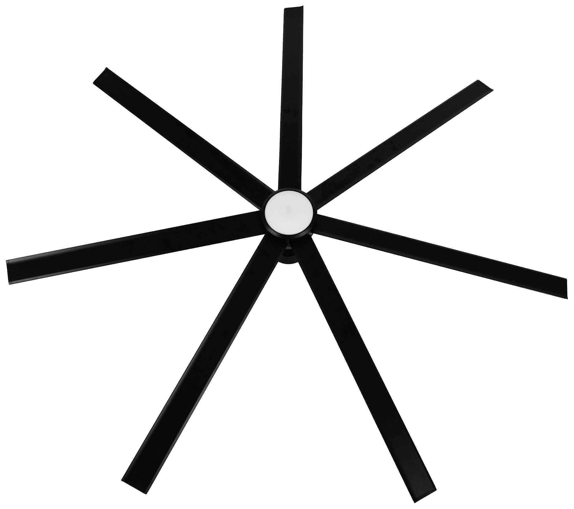 Deckenventilator mit acht schwarzen Flügeln, symmetrisch um eine zentrale Scheibe angeordnet.