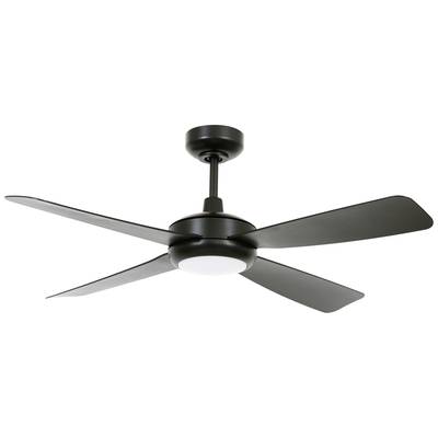 Ein moderner, schwarzer Deckenventilator mit vier flachen Flügeln und einer zentralen weißen Leuchte in der Mitte.