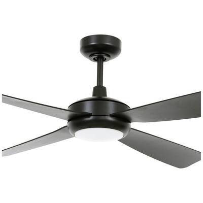 Ein schwarzer Deckenventilator mit vier Flügeln und einem zentralen Licht. Ideal zur Raumkühlung und Beleuchtung.